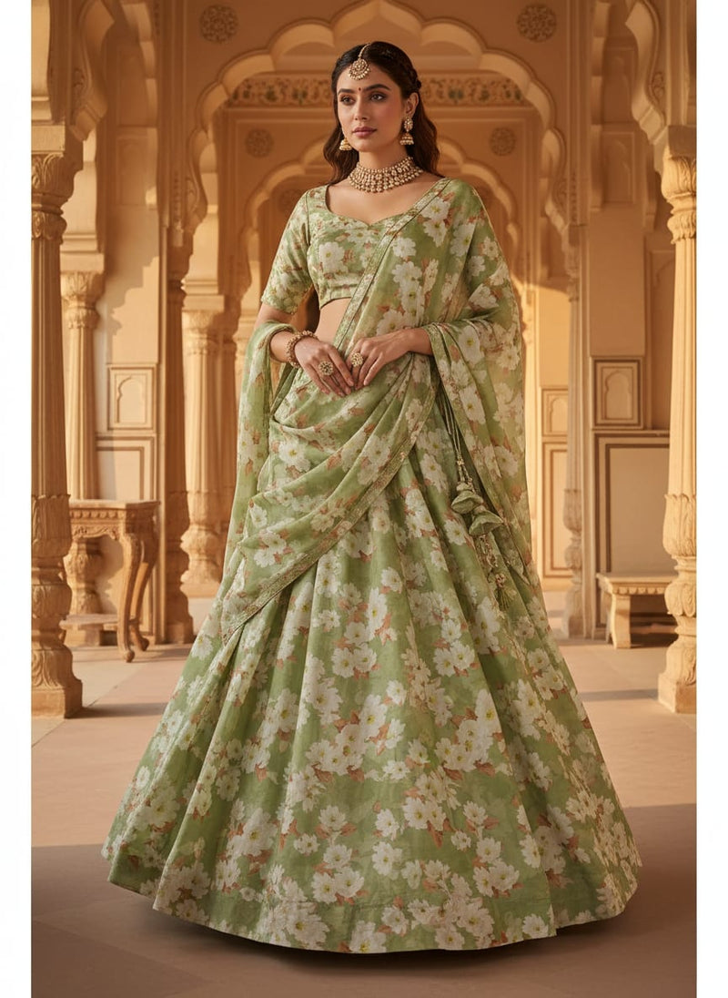 Green White Anemone Floral Upada Silk Digital Printed Fabric