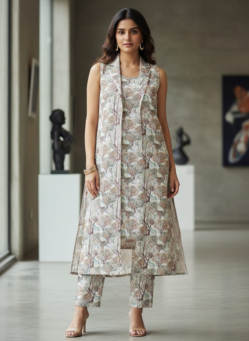 Suzani Summer Brown Tree Digital Printed Fabric - Kora Silk