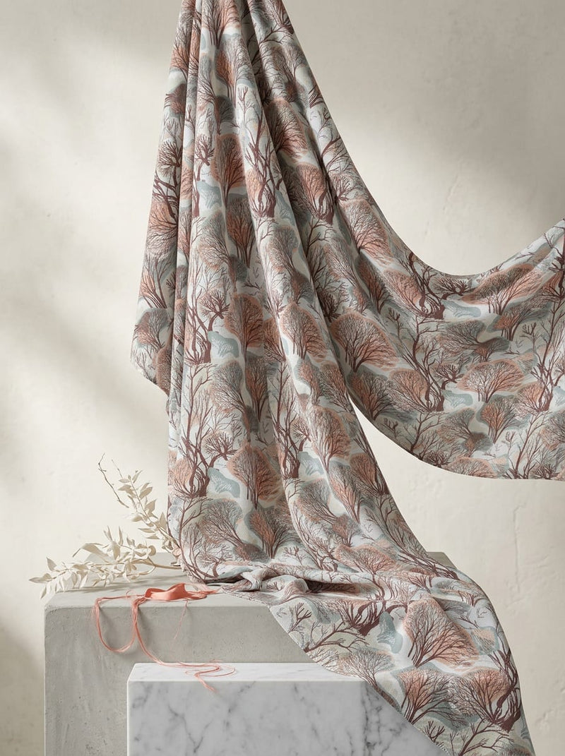 Multicolor Winter Trees Botanical Silk Crepe Digital Printed Fabric