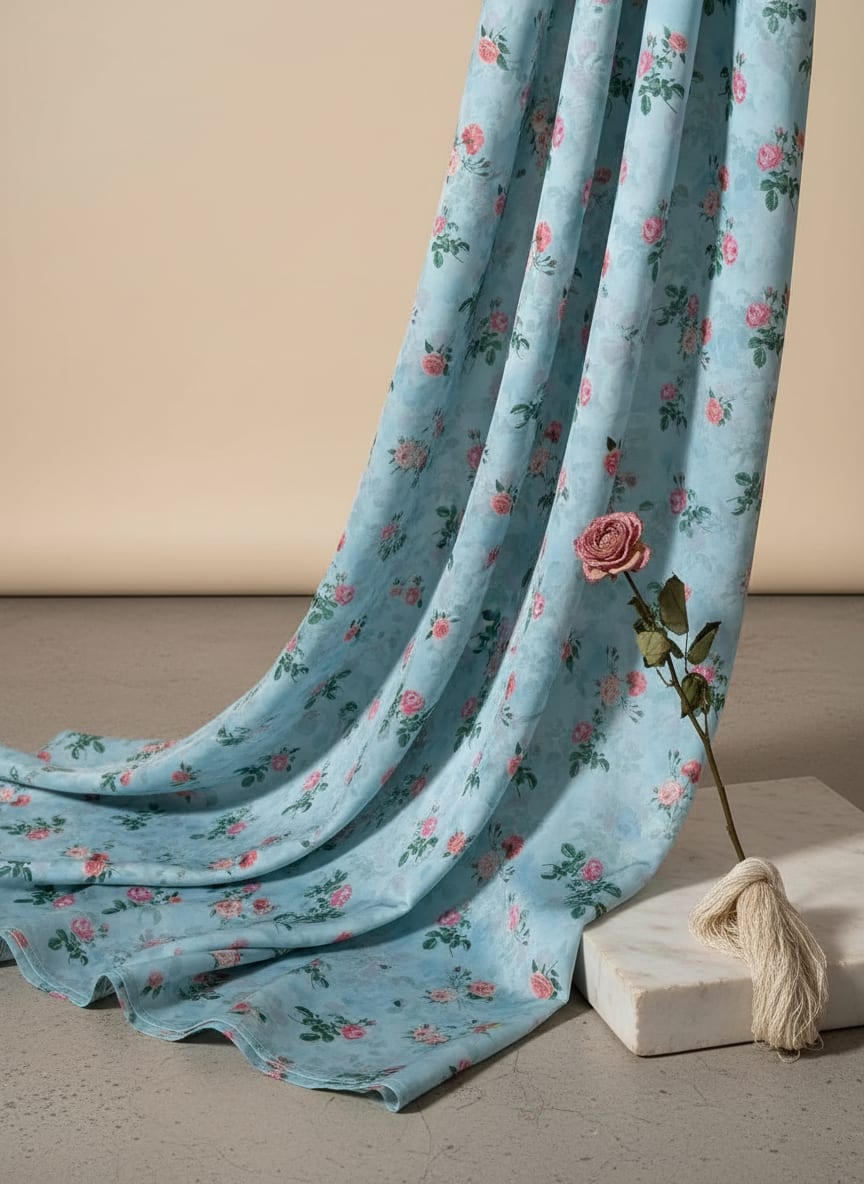 Blue Scattered English Rose Floral Japan Satin Digital Printed Fabric