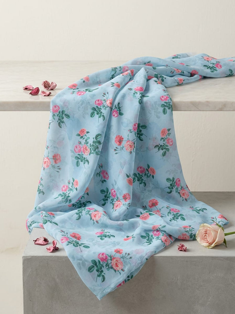 Blue Dainty Rose Floral Weightless Digital Printed Fabric