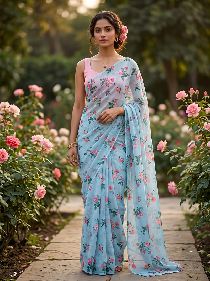 Blue Dainty Rose Floral Weightless Digital Printed Fabric
