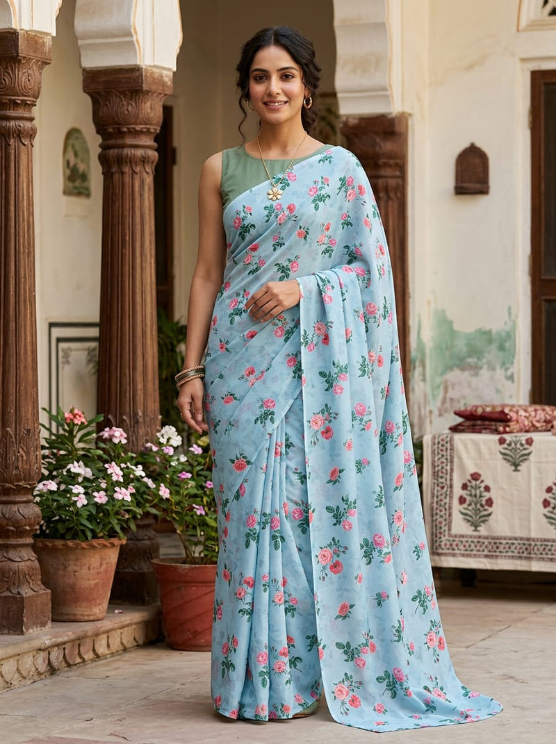 Blue Vintage English Rose Floral Silk Crepe Digital Printed Fabric