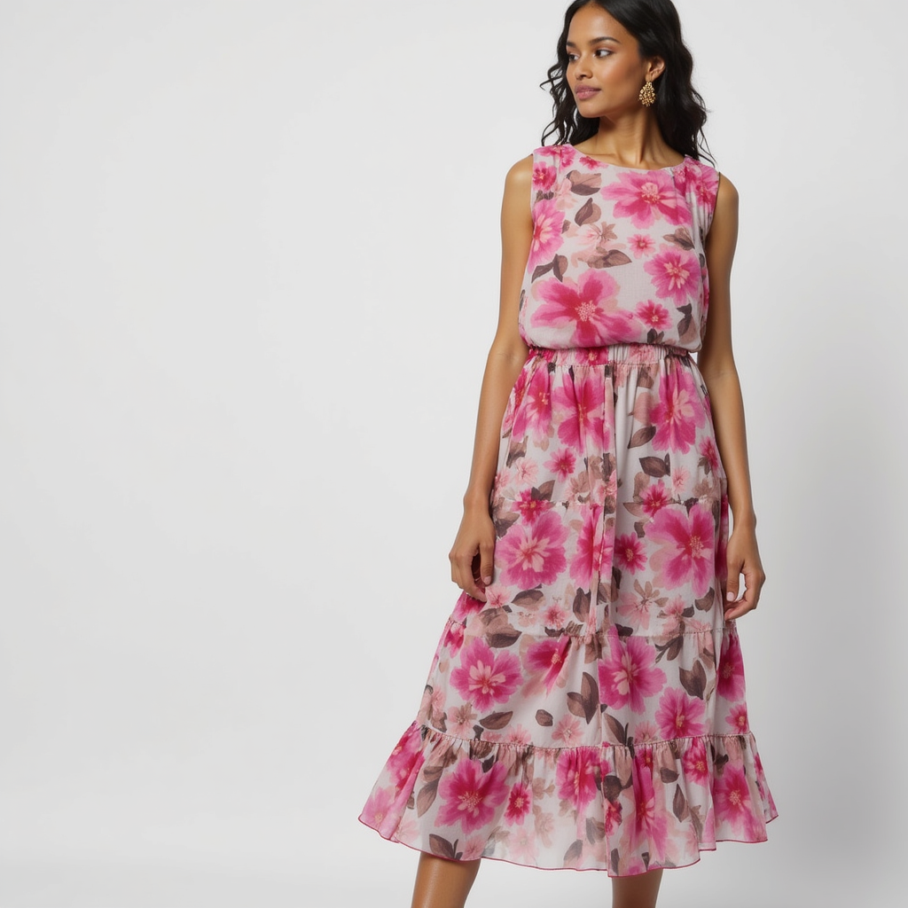 Pink Flower Printed Pure Chiffon Fabric