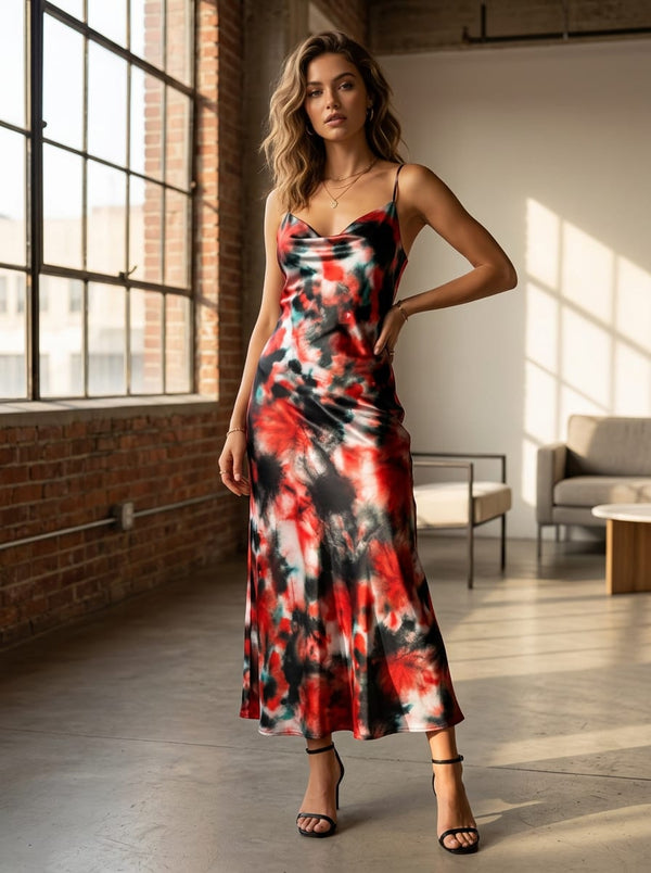 Multicolor Red Black Abstract Tie-Dye Japan Satin Digital Printed Fabric - Slip Dress Lookbook - JS-0-TA08367-110 - alternate view