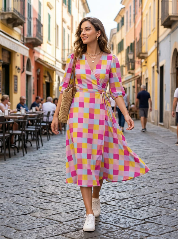 Multicolor Colorful Funky Checkered Pattern Weightless Digital Printed Fabric - Wrap Dress Lookbook - WE-0-TA08371-110 - alternate view
