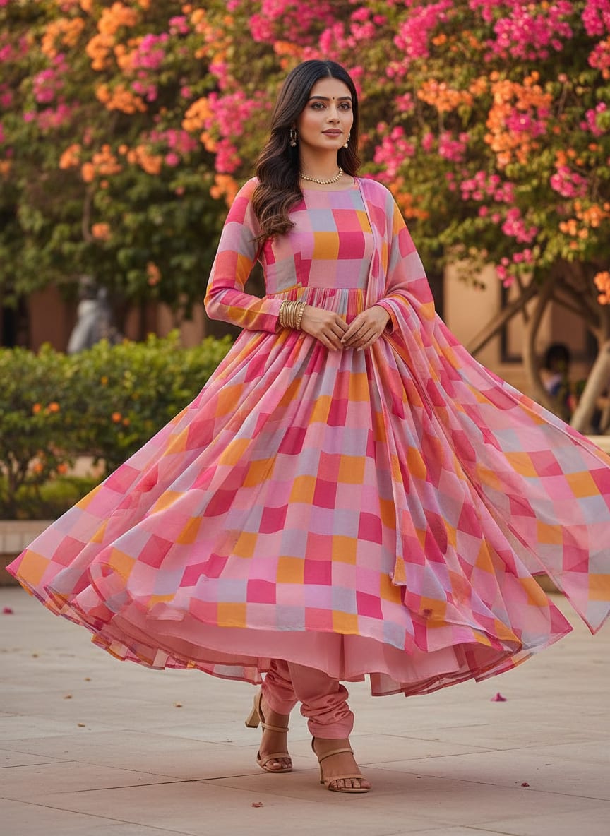 Buffalo Checks Pink And Yellow Digital Printed Fabric - Pure Georgette