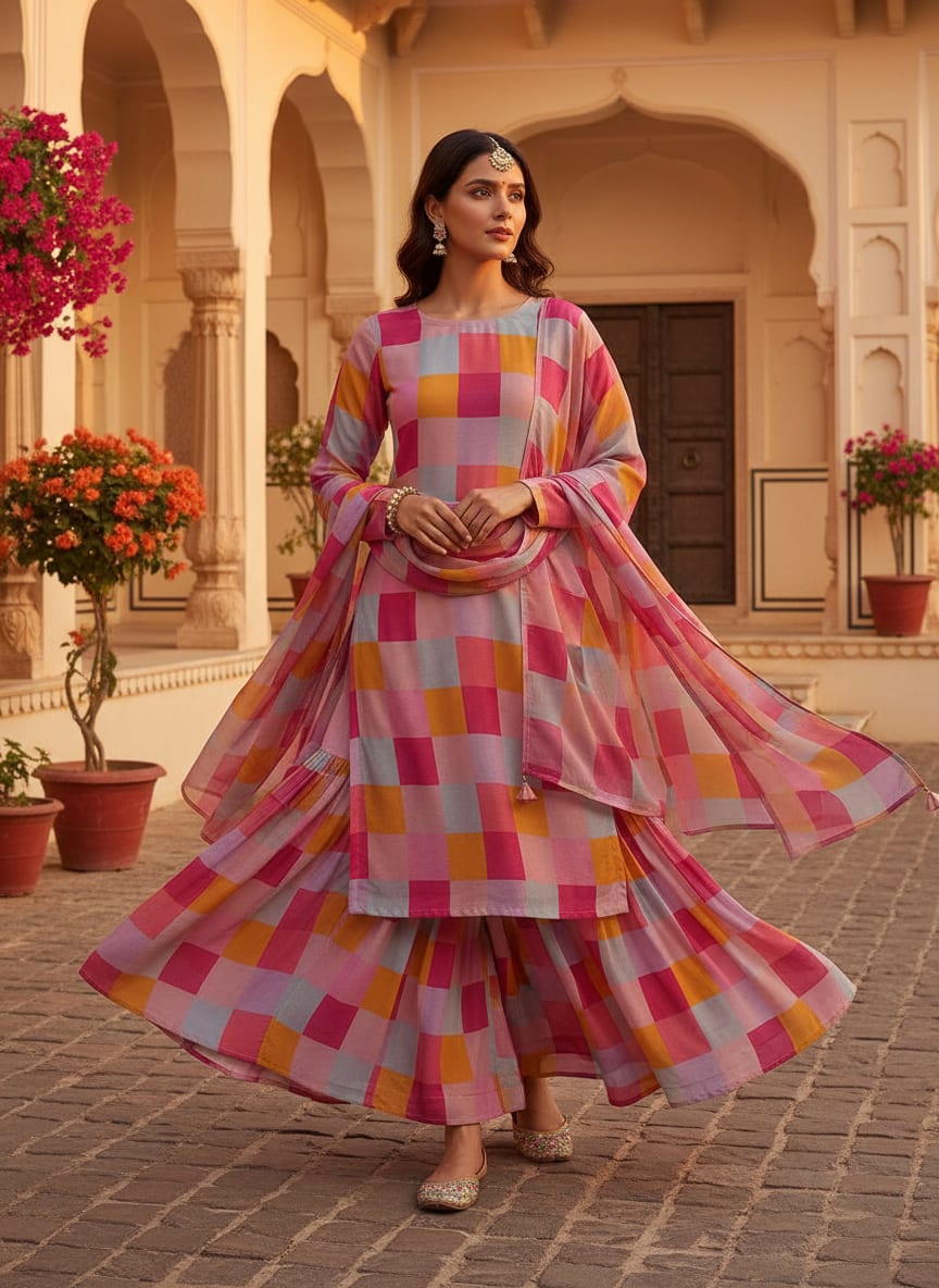 Multicolor Abstract Wavy Checkered Pure Georgette Digital Printed Fabric