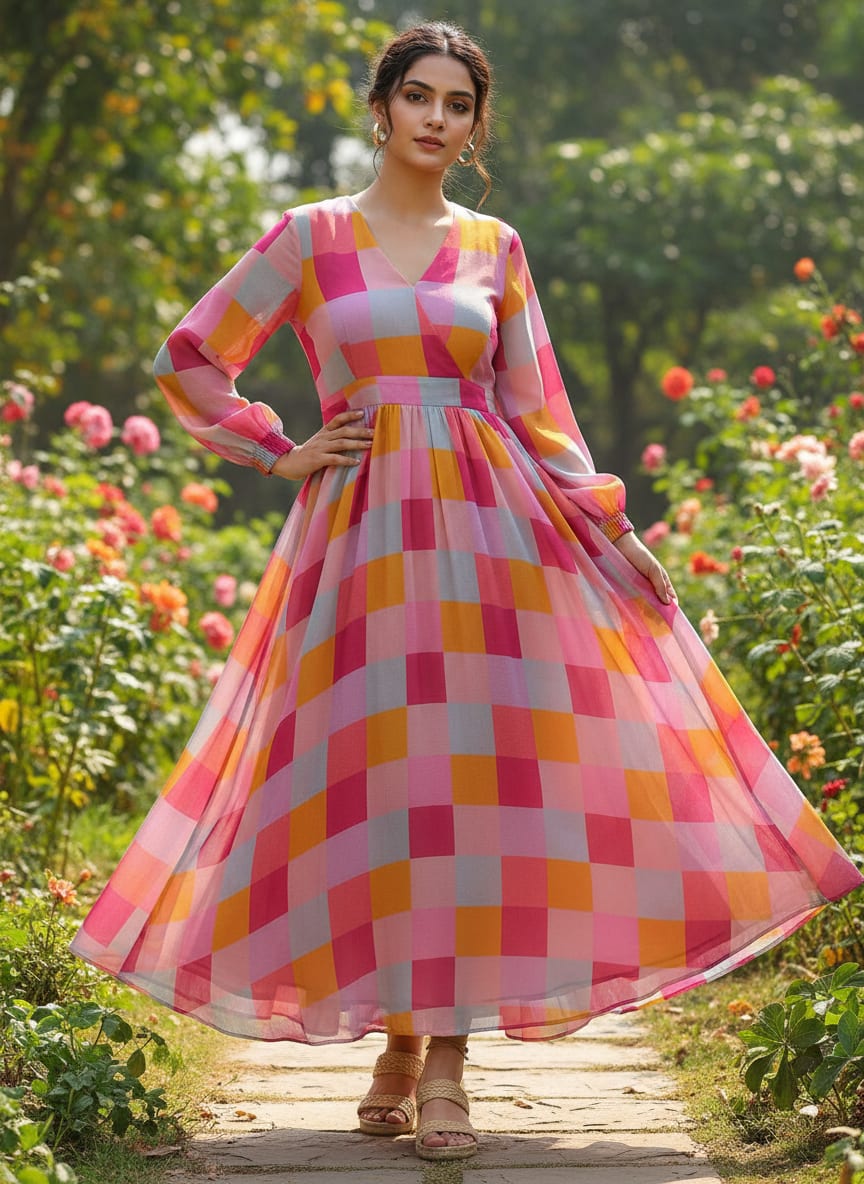 Buffalo Checks Pink And Yellow Digital Printed Fabric - Pure Georgette