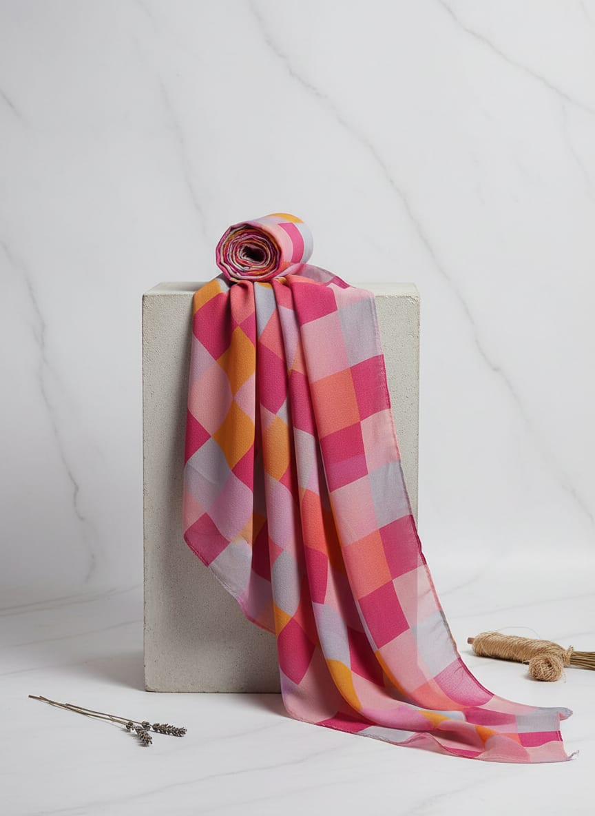 Buffalo Checks Pink And Yellow Digital Printed Fabric - Pure Georgette