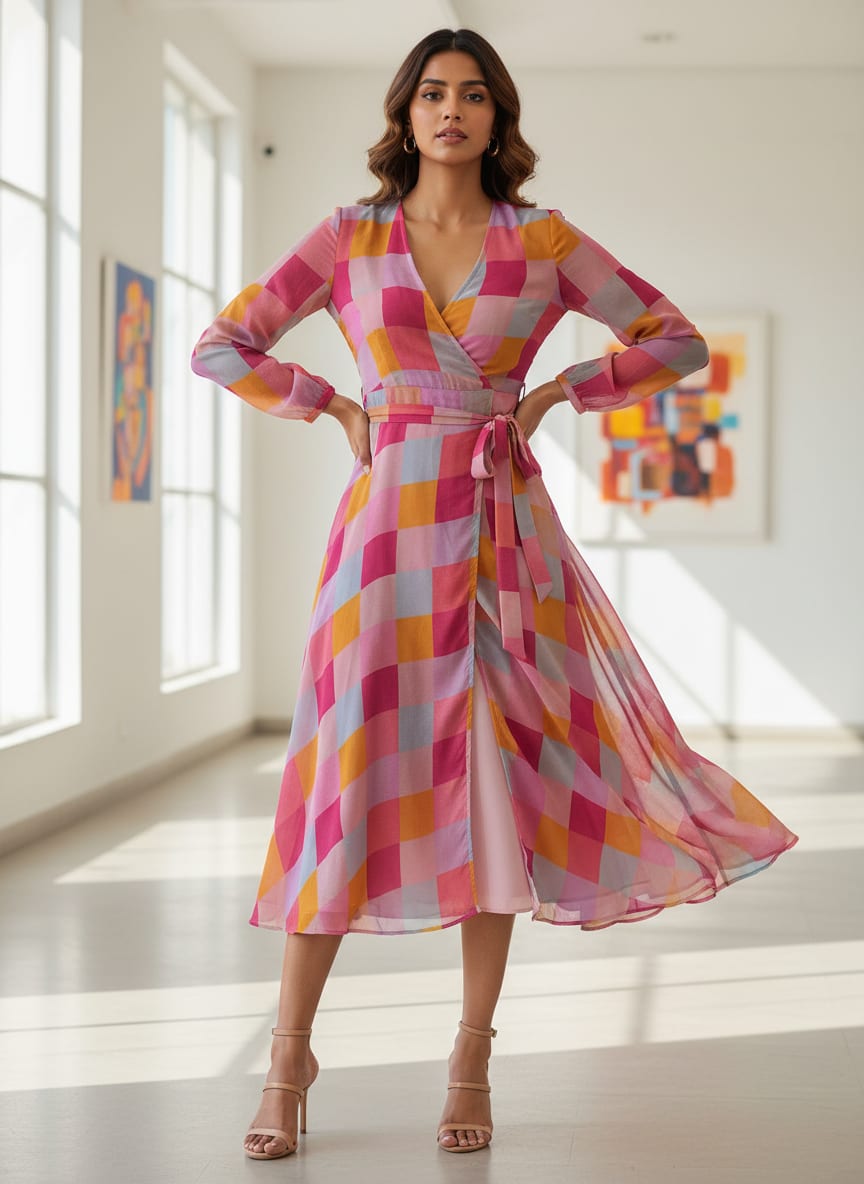 Buffalo Checks Pink And Yellow Digital Printed Fabric - Pure Georgette