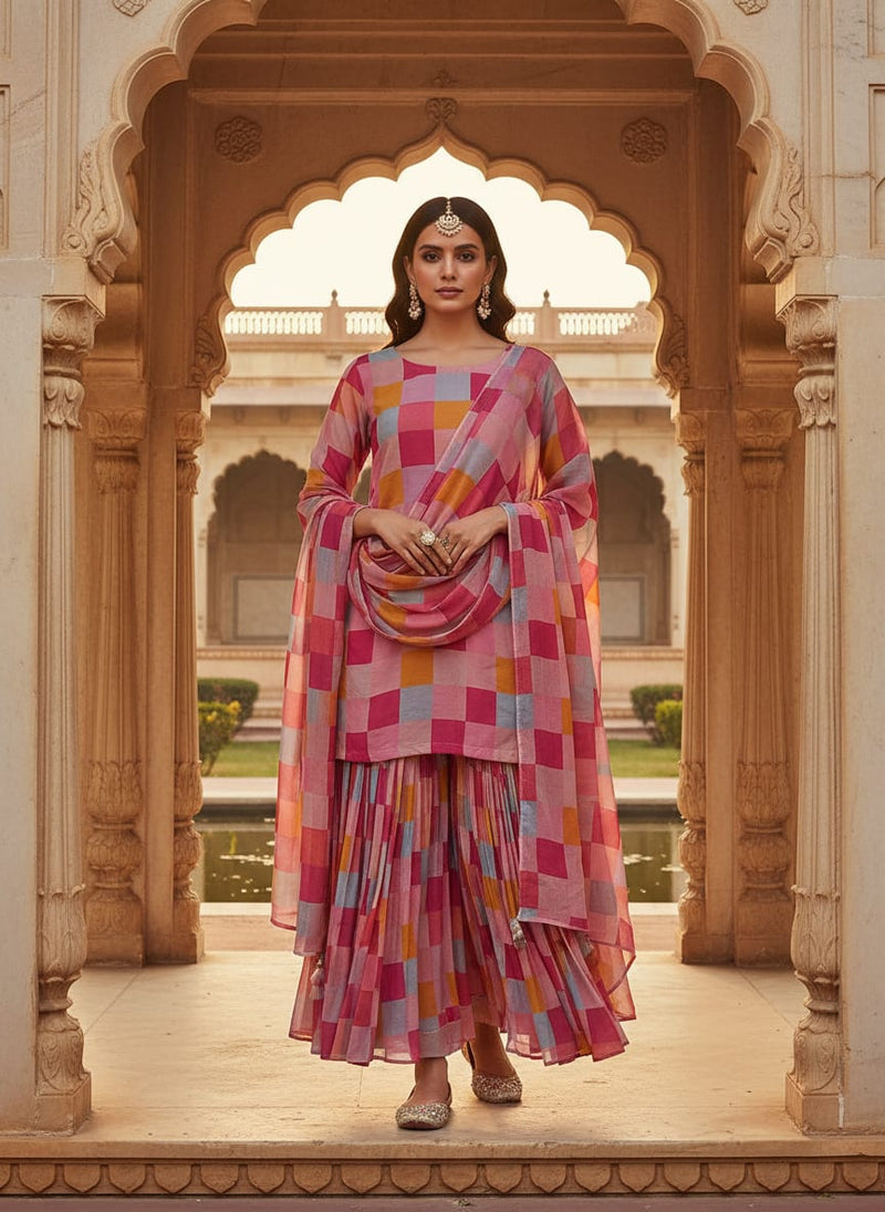 Multicolor Abstract Wavy Checkered Pure Georgette Digital Printed Fabric