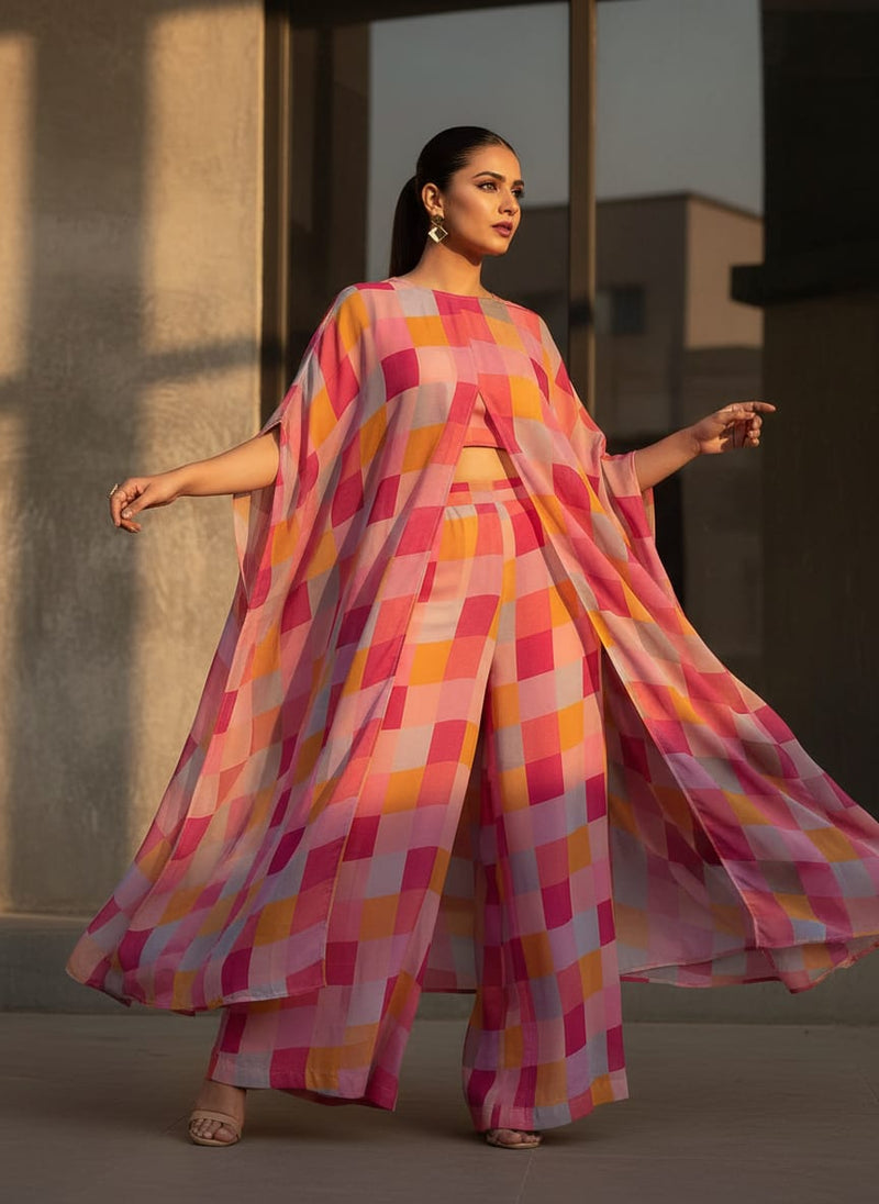 Multicolor Abstract Wavy Checkered Pure Georgette Digital Printed Fabric