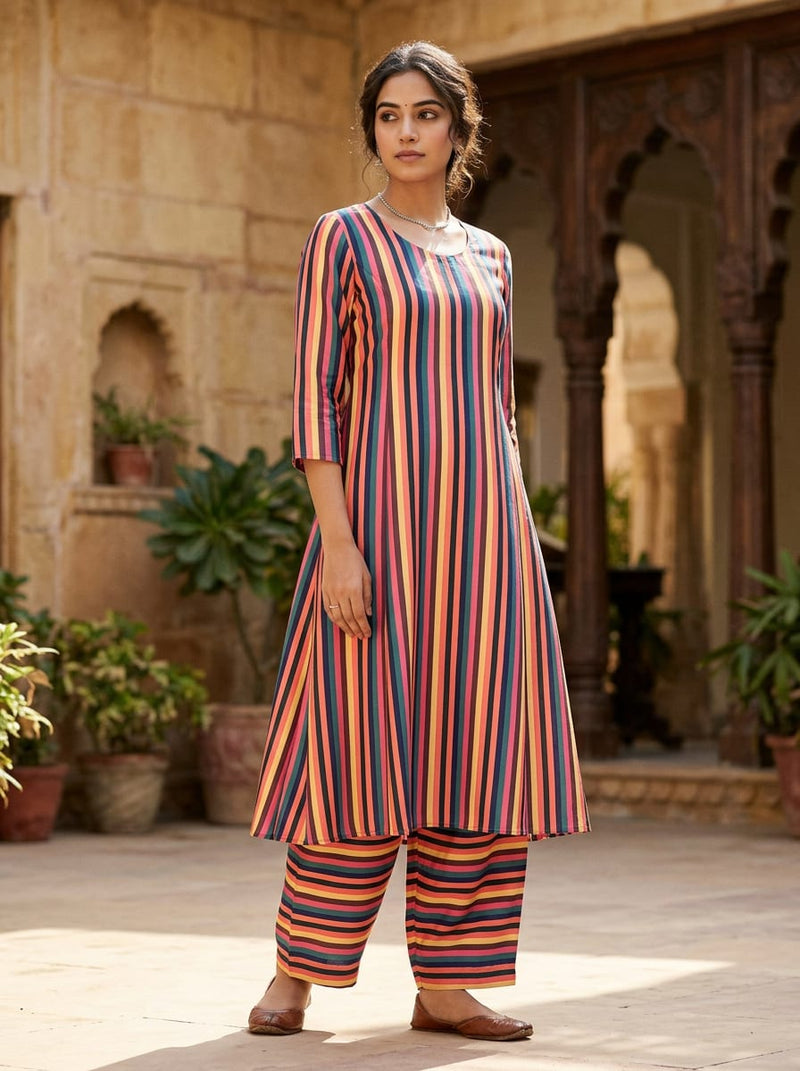Multicolor Vibrant Striped Pattern Kora Silk Digital Printed Fabric