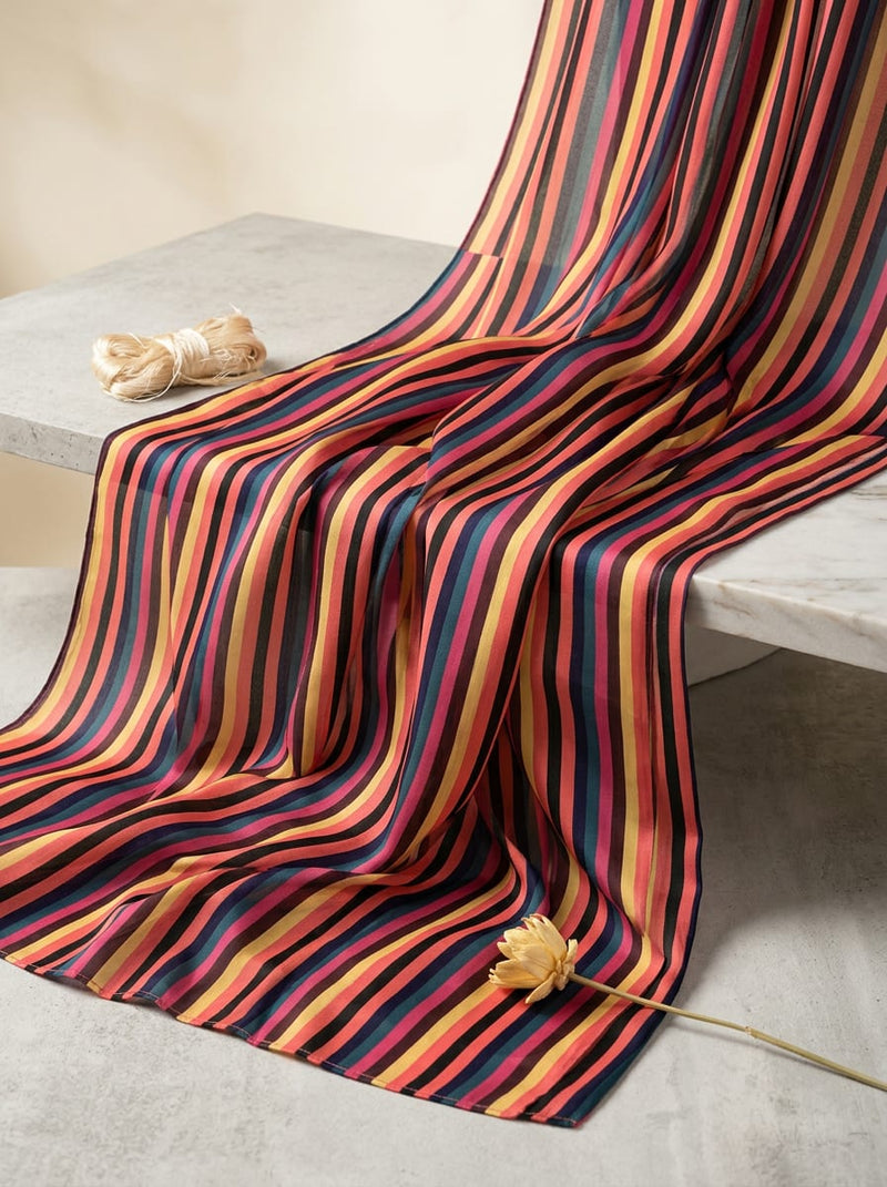 Multicolor Vibrant Striped Pattern Kora Silk Digital Printed Fabric