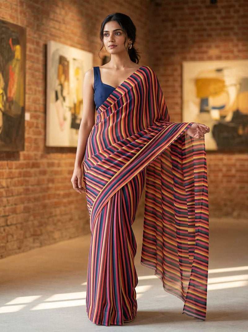 Multicolor Bold Multicolor Stripes Weightless Digital Printed Fabric