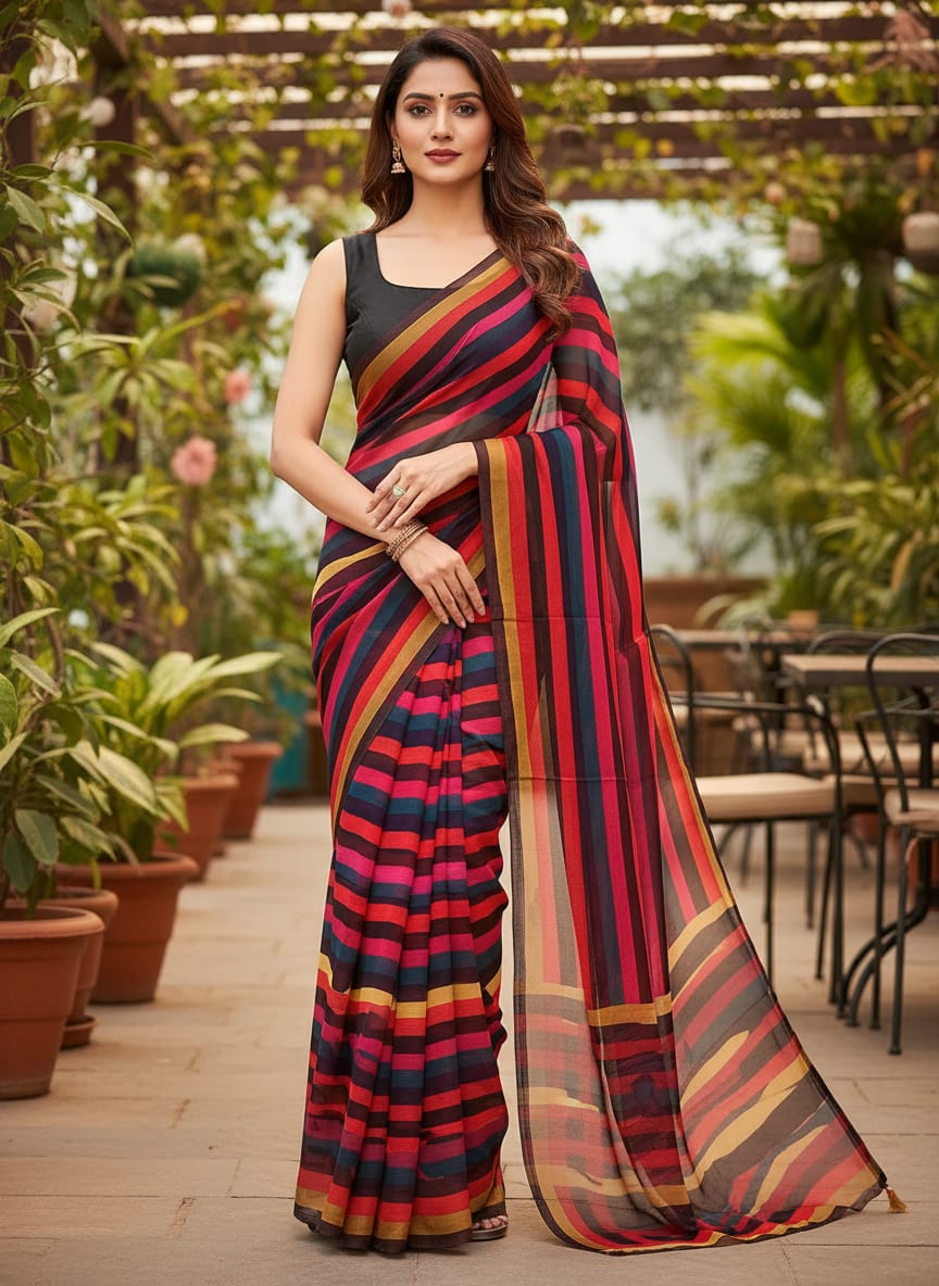 Bengal Stripes Multicolour Strips Digital Printed Fabric - Pure Georgette