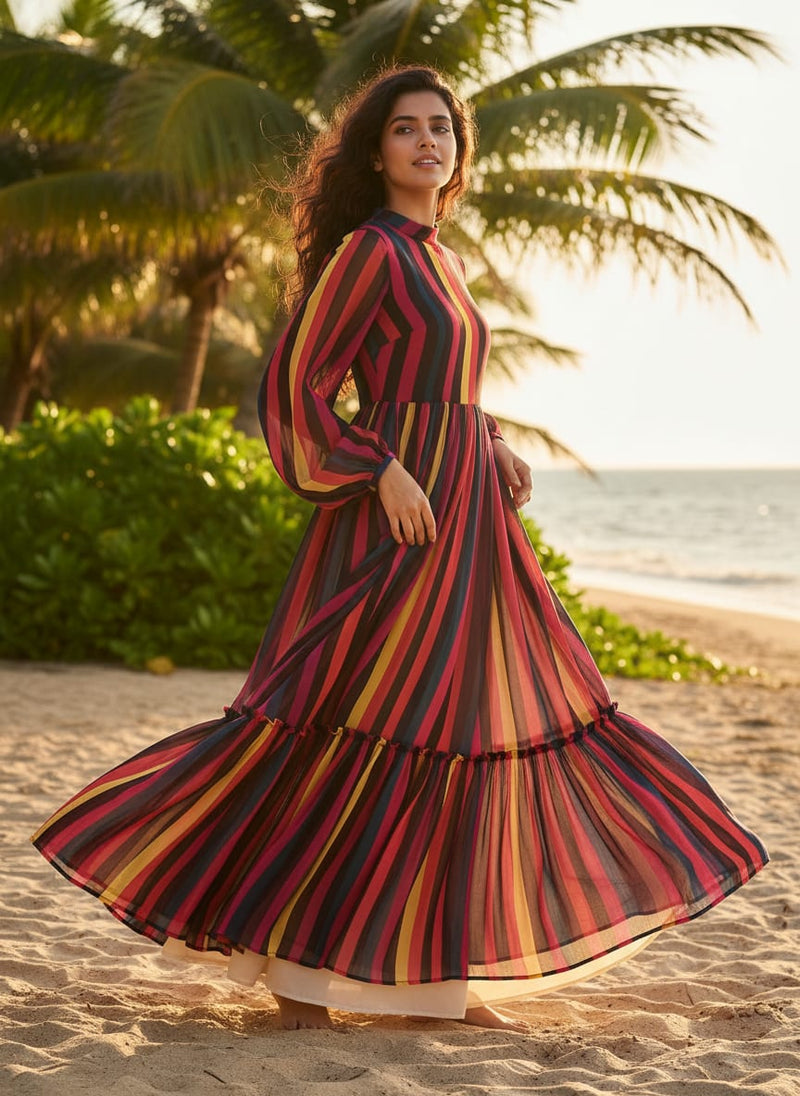 Bengal Stripes Multicolour Strips Digital Printed Fabric - Pure Georgette