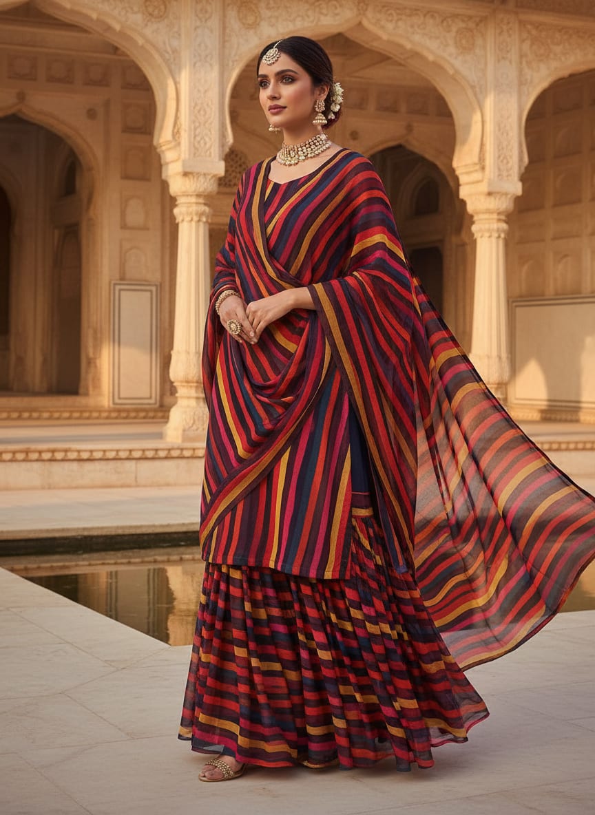 Bengal Stripes Multicolour Strips Digital Printed Fabric - Pure Georgette