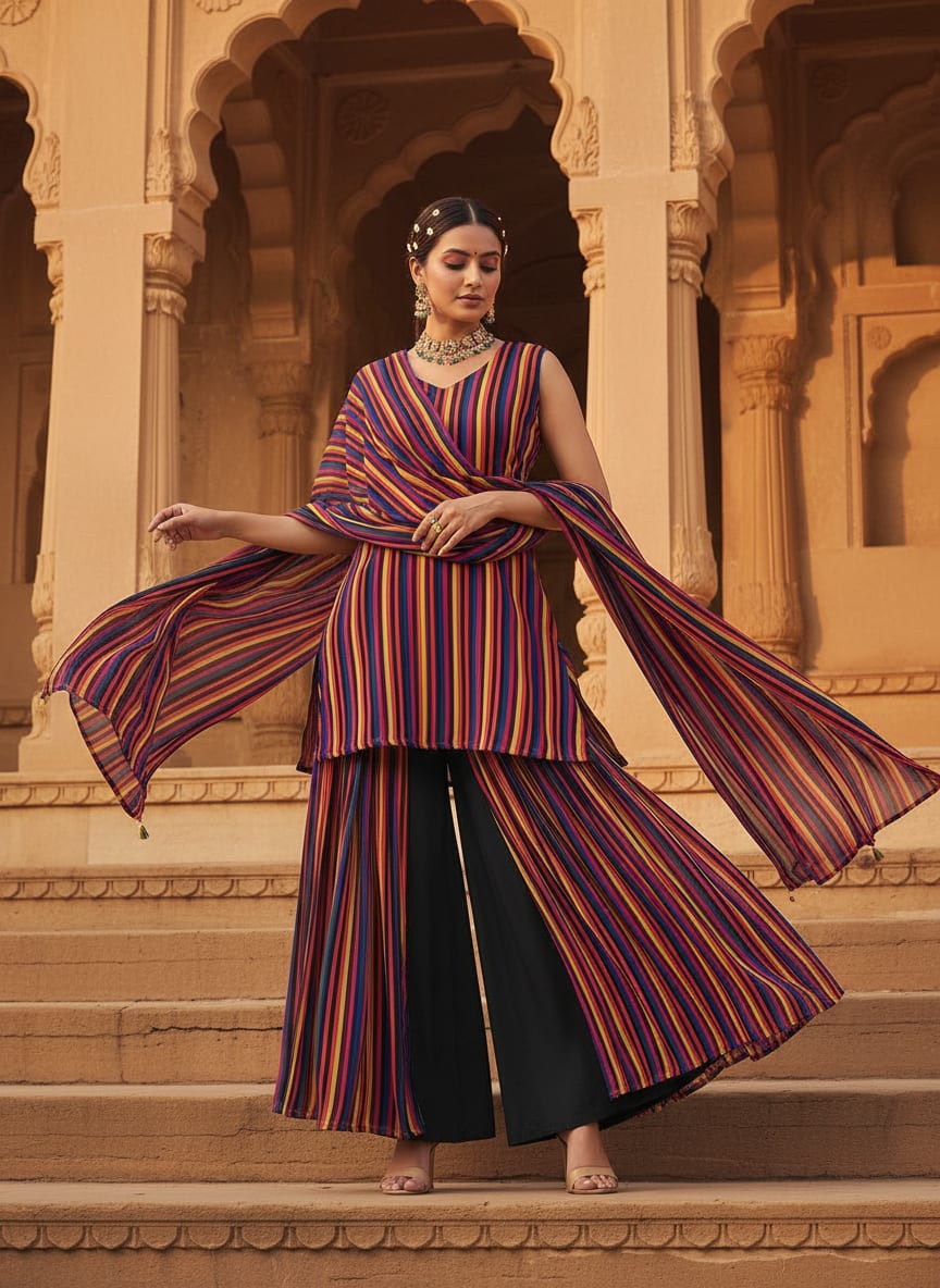 Bengal Stripes Multicolour Strips Digital Printed Fabric - Pure Chiffon