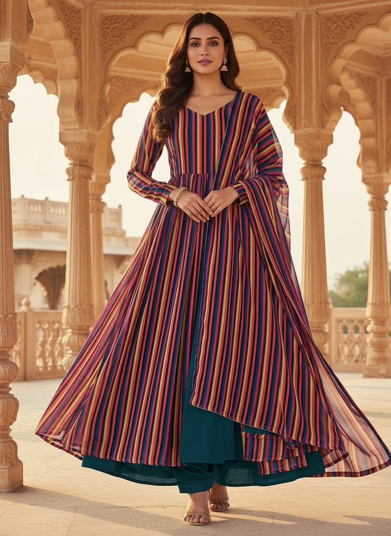 Bengal Stripes Multicolour Strips Digital Printed Fabric - Pure Chiffon