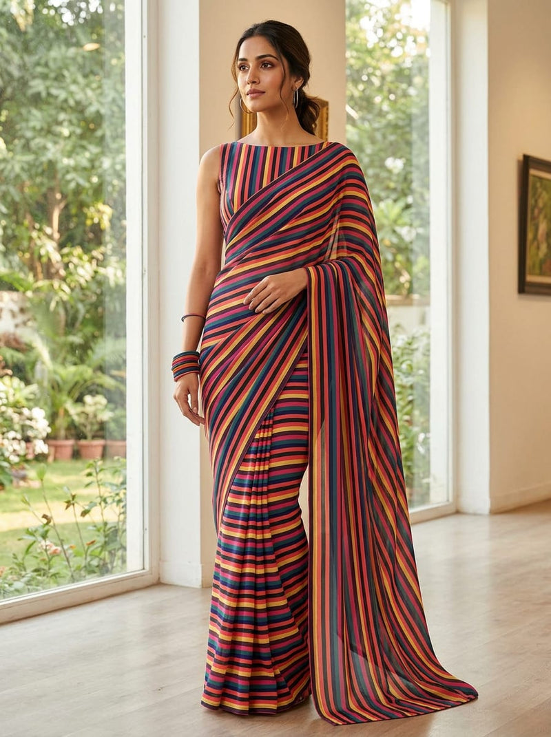 Multicolor Bold Multicolored Stripes Pure Chiffon Digital Printed Fabric