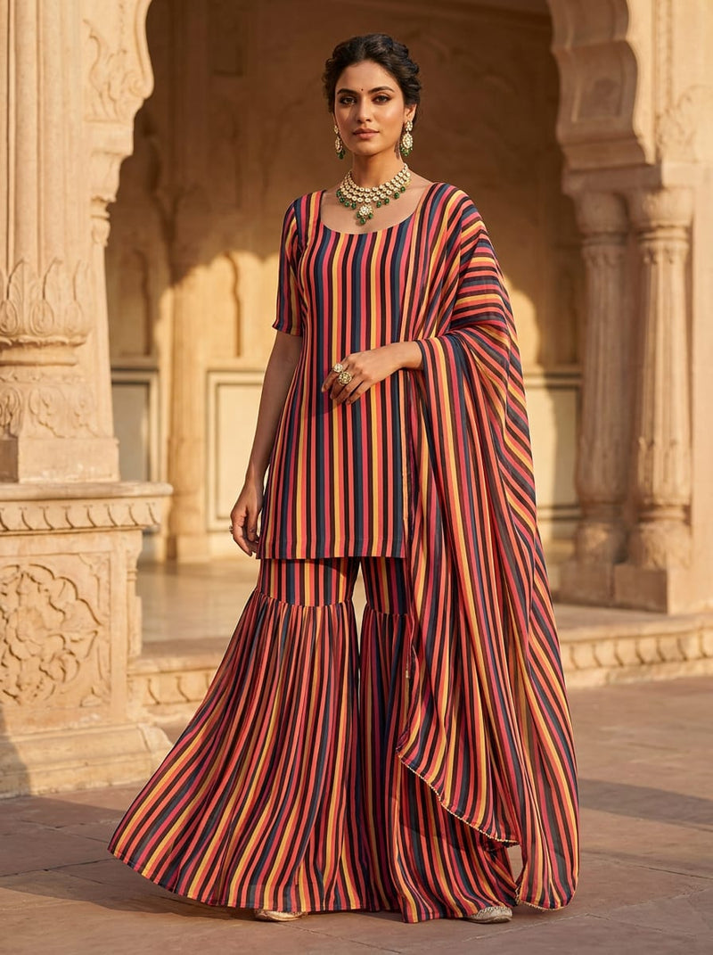Multicolor Bold Multicolored Stripes Pure Chiffon Digital Printed Fabric