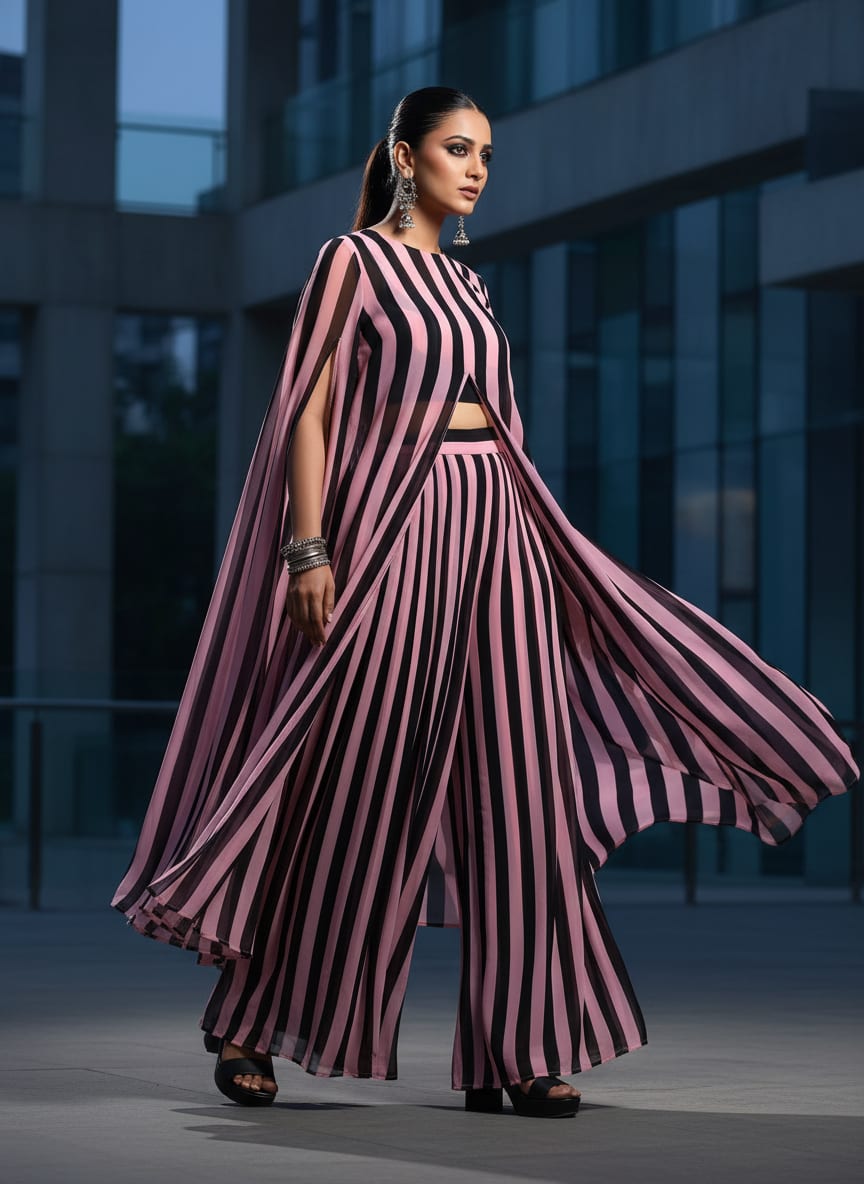 Bayadere Stripes Black With Pink Digital Printed Fabric - Weightless