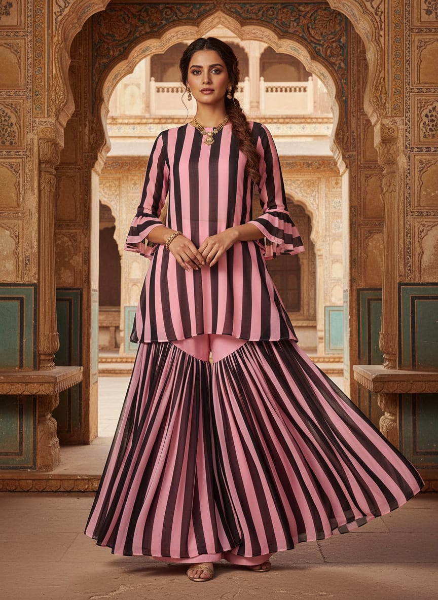 Bayadere Stripes Black With Pink Digital Printed Fabric - Weightless