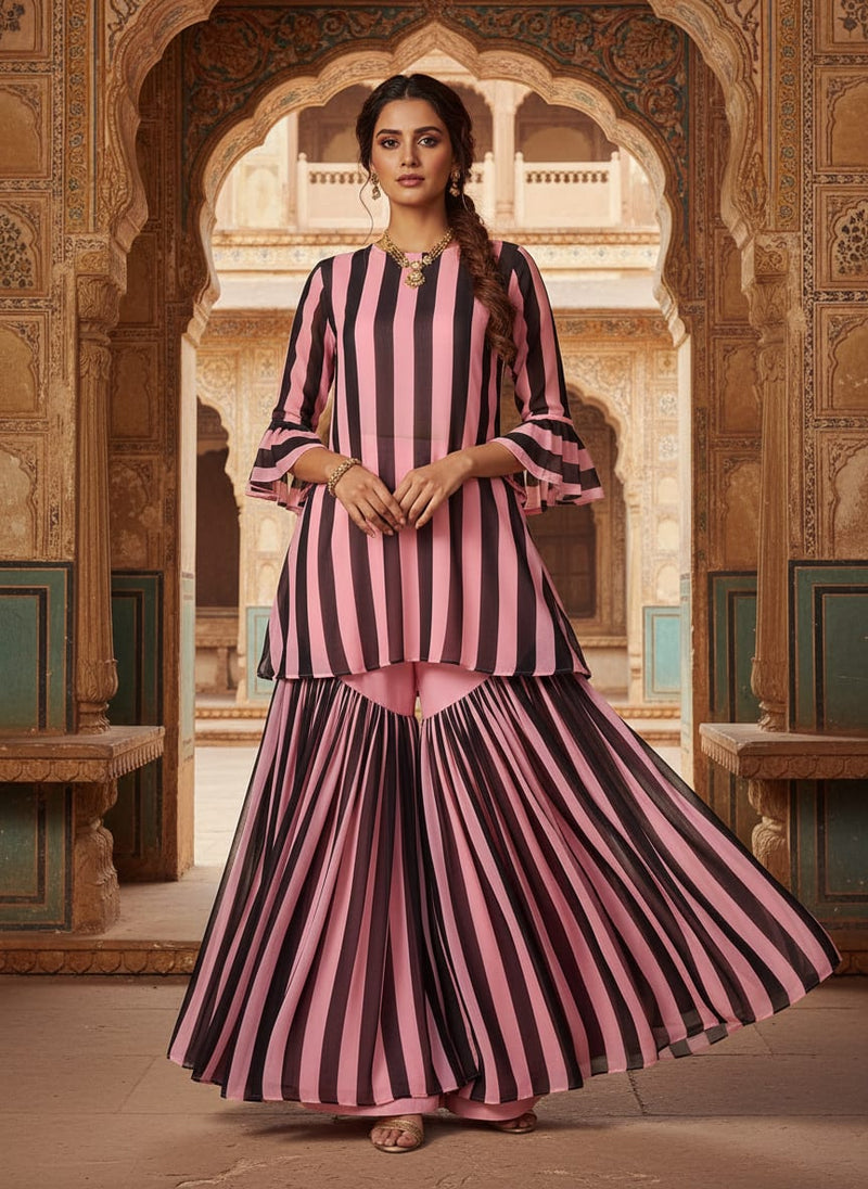 Bayadere Stripes Black With Pink Digital Printed Fabric - Weightless