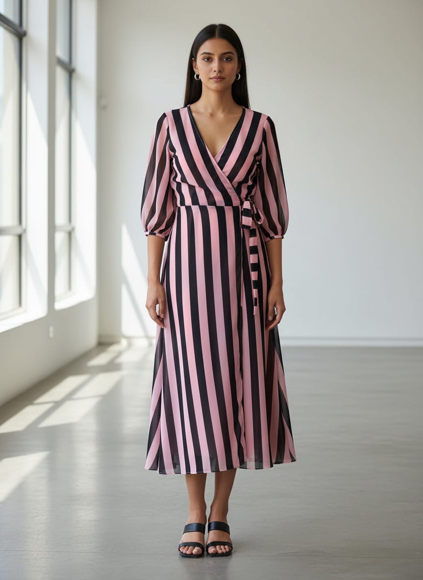 Pink Bold Pink and Black Stripes Weightless Digital Printed Fabric