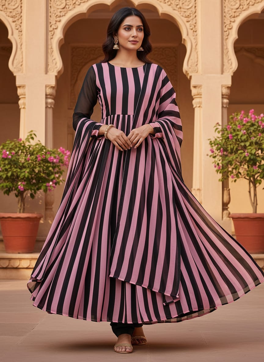 Bayadere Stripes Black With Pink Digital Printed Fabric - Weightless