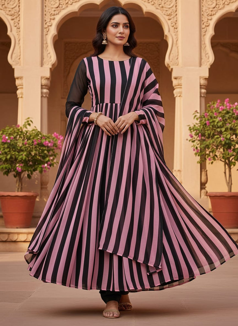 Bayadere Stripes Black With Pink Digital Printed Fabric - Weightless
