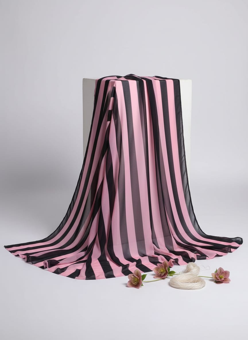 Pink Bold Pink and Black Stripes Weightless Digital Printed Fabric
