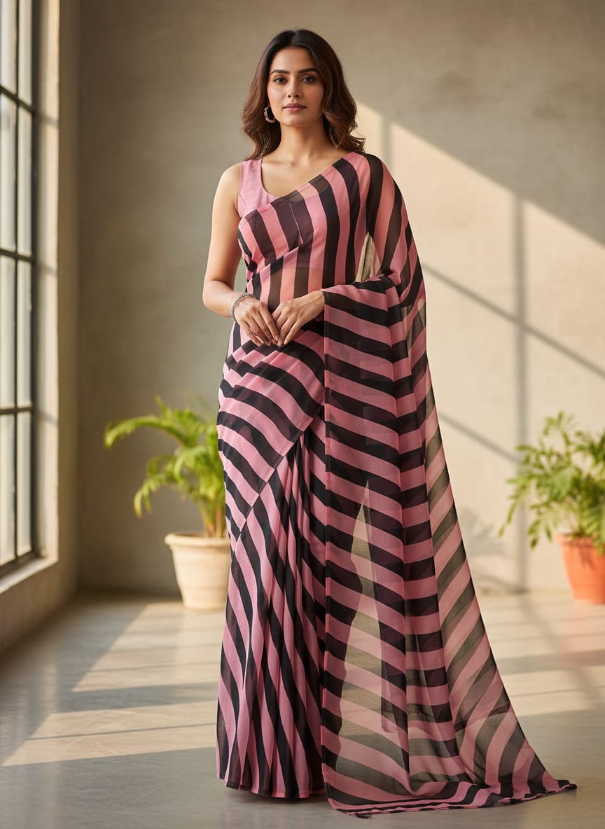 Bayadere Stripes Black With Pink Digital Printed Fabric - Pure Georgette
