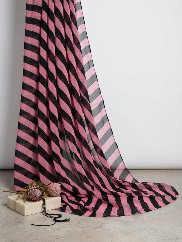 Bayadere Stripes Black With Pink Digital Printed Fabric - Pure Georgette