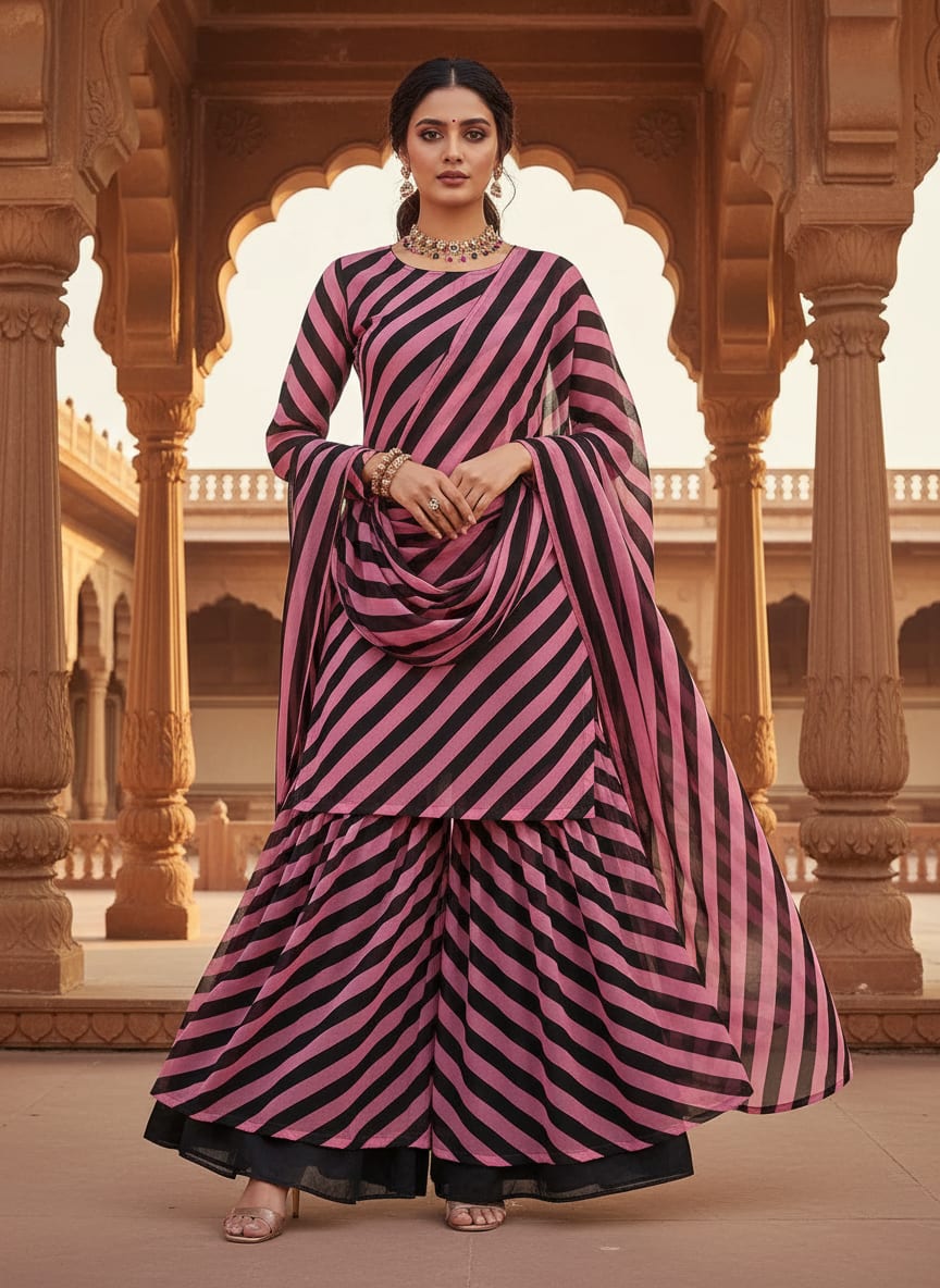 Bayadere Stripes Black With Pink Digital Printed Fabric - Pure Georgette