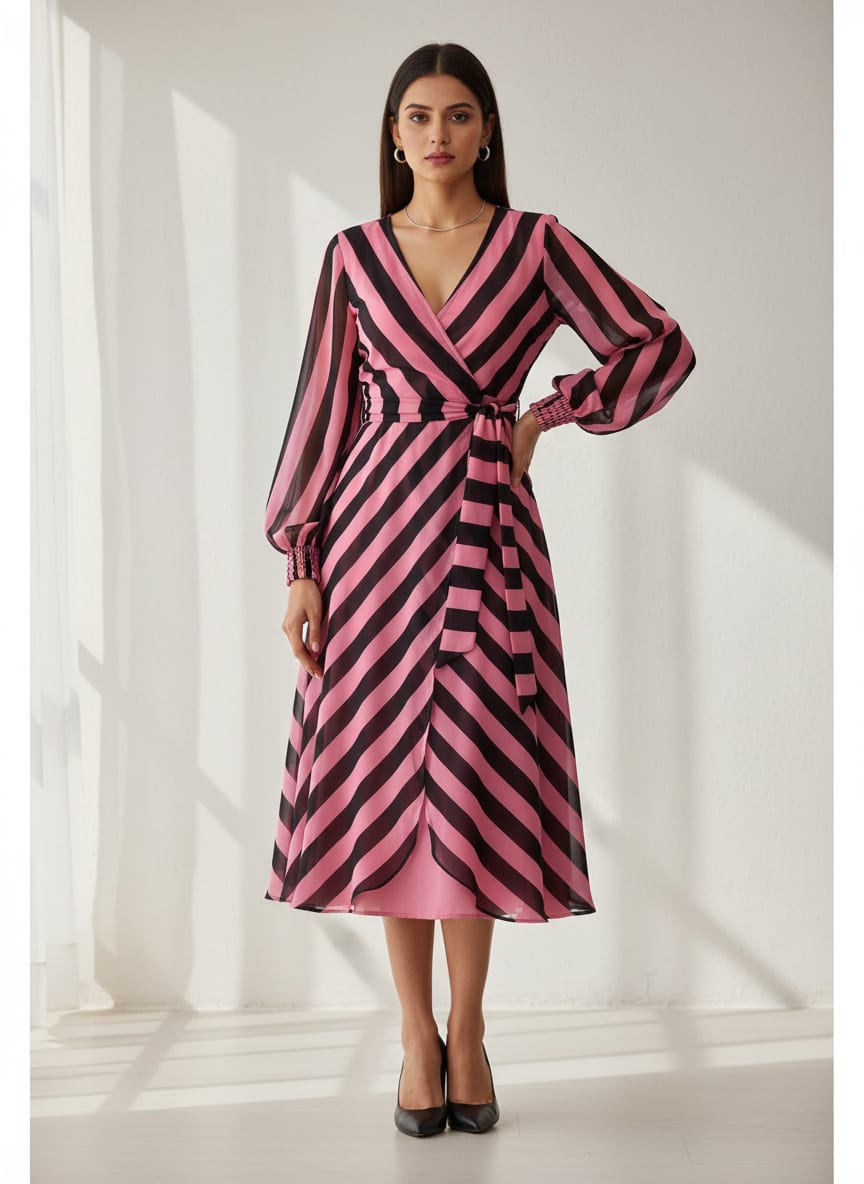 Pink Bold Horizontal Stripes Pure Georgette Digital Printed Fabric