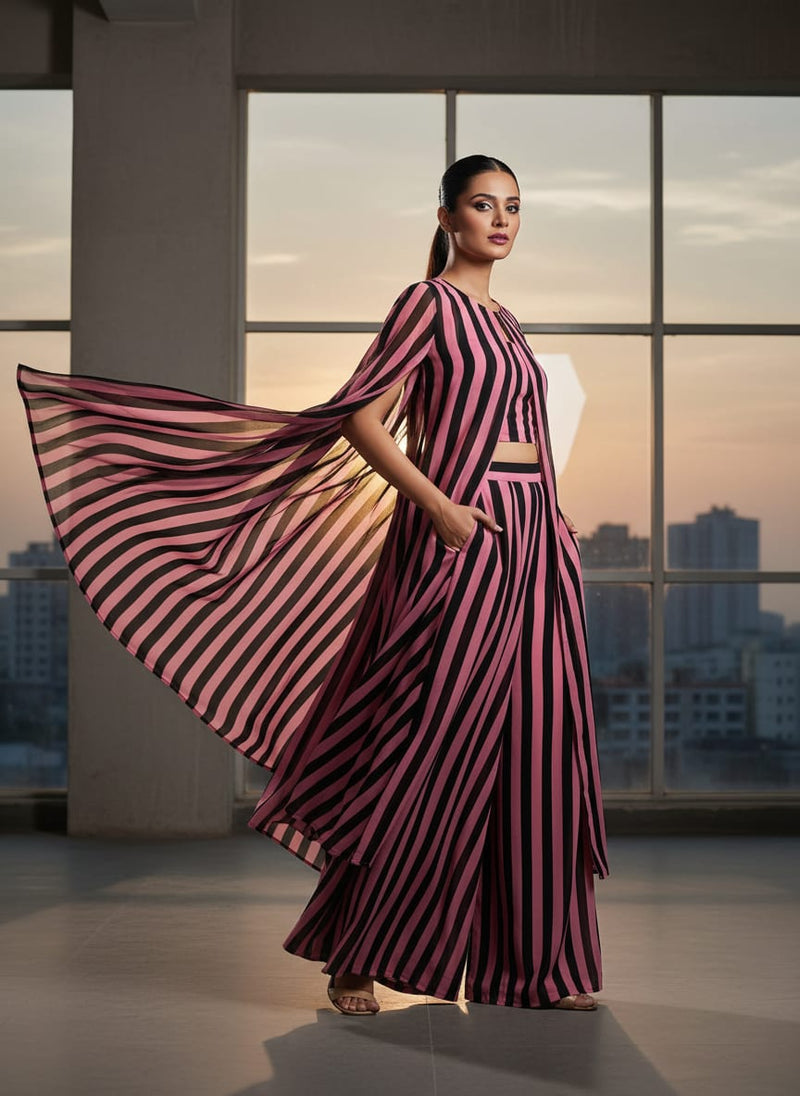 Bayadere Stripes Black With Pink Digital Printed Fabric - Pure Georgette