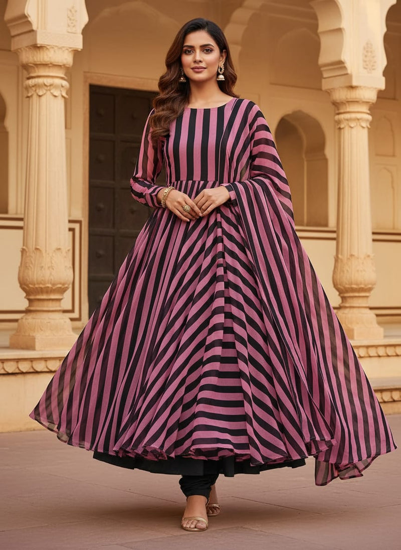 Pink Bold Horizontal Stripes Pure Georgette Digital Printed Fabric