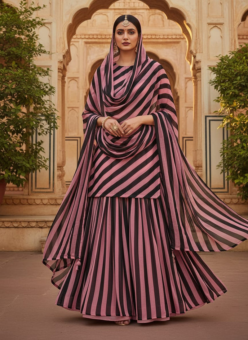 Pink Bold Horizontal Stripes Pure Georgette Digital Printed Fabric
