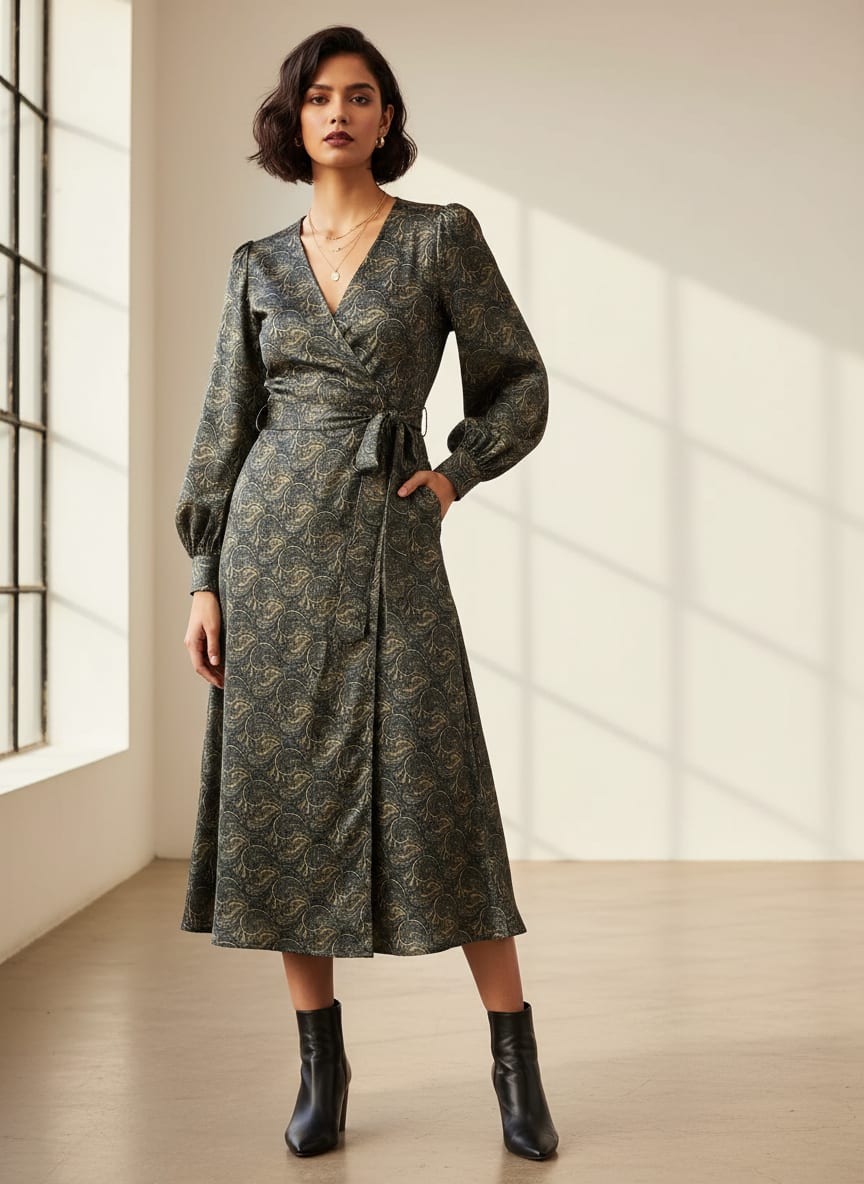 Grey Classic Paisley Tusser Silk Digital Printed Fabric