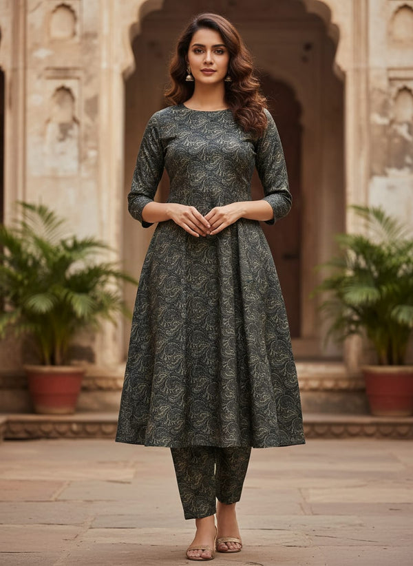 Grey Classic Paisley Tusser Silk Digital Printed Fabric - A-Line Kurta with Salwar Lookbook - TS-0-TA08374-110 - alternate view