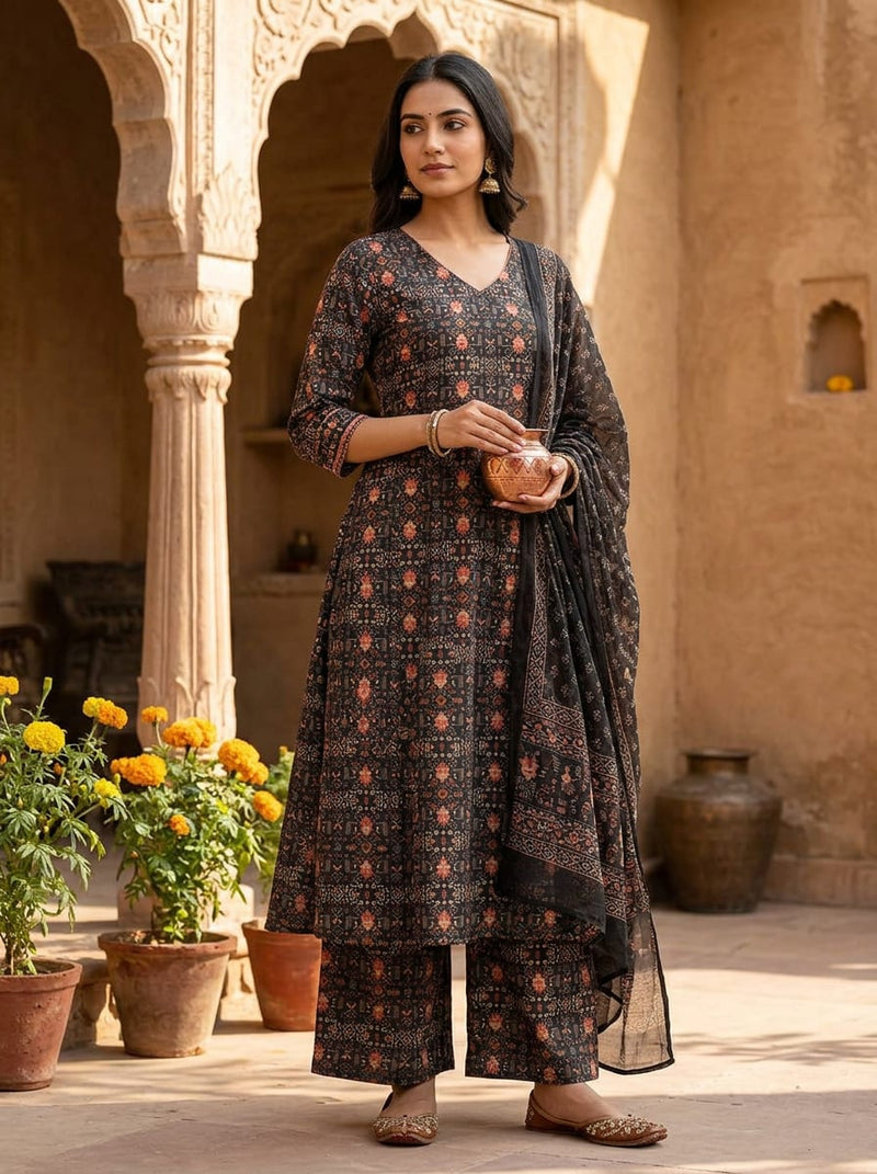 Black Intricate Ethnic Geometric Motif Muslin Digital Printed Fabric