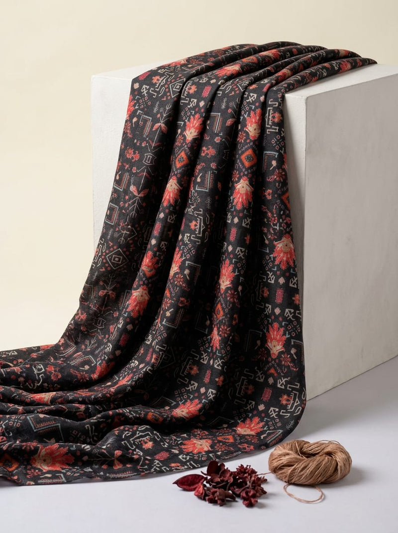 Black Ethnic Geometric Motif Pure Muslin Digital Printed Fabric