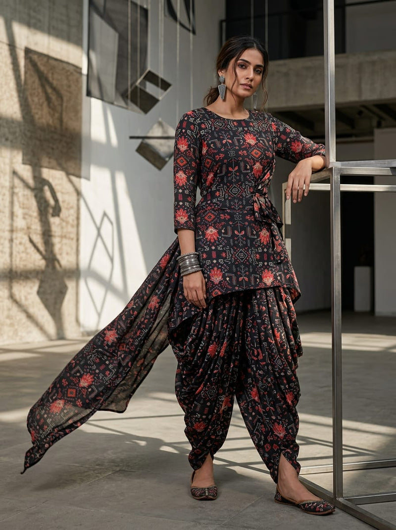 Black Ethnic Geometric Motif Pure Muslin Digital Printed Fabric