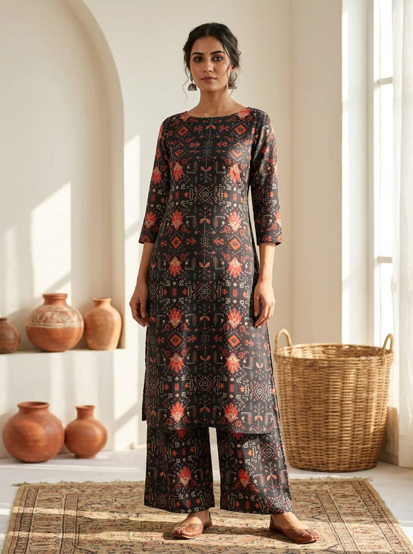 Black Ethnic Geometric Motif Pure Muslin Digital Printed Fabric - Straight Kurta with Palazzo Lookbook - PM-0-TA08375-110 - alternate view