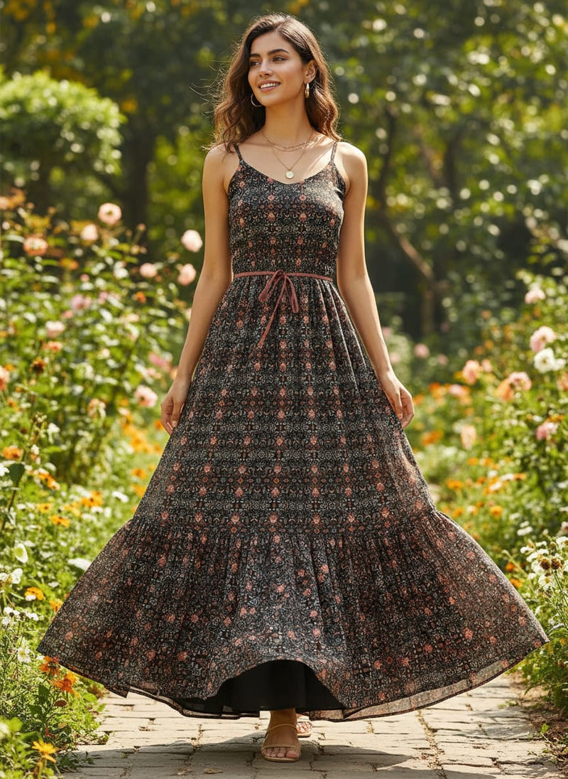 Metallese Seamless Leafs Patterns Digital Printed Fabric - Pure Georgette