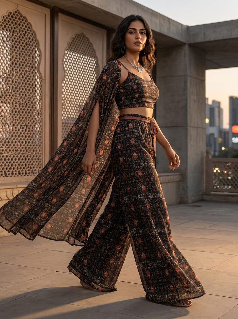Black Traditional Ethnic Motif Print Pure Georgette Digital Printed Fabric