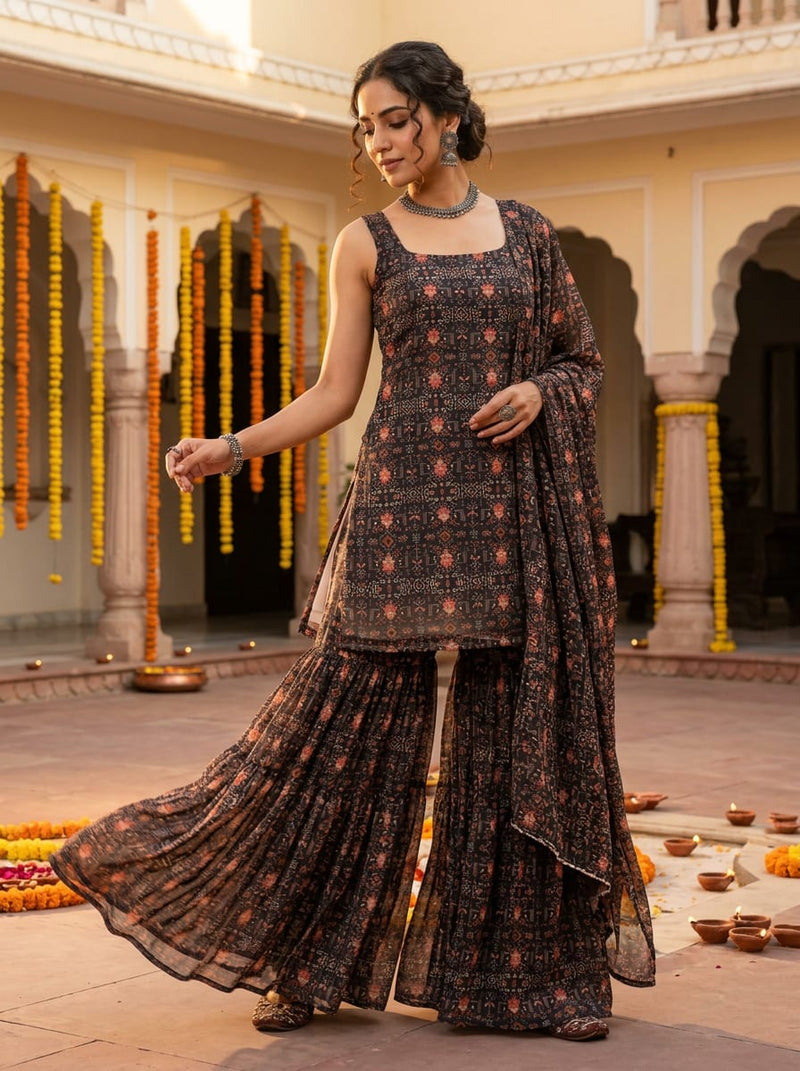Black Traditional Ethnic Motif Print Pure Georgette Digital Printed Fabric